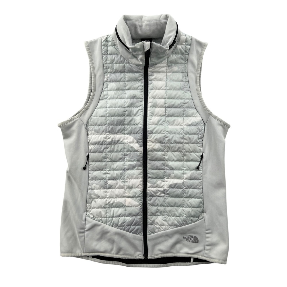 The North Face Hybrid Vest Womens Medium Grey Camo Quilted Full Zip Thermoball